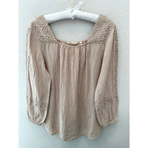 SOFT SURROUNDINGS | Beige Boho Peasant Blouse Crochet Trim Romantic Top | Small - Picture 1 of 6